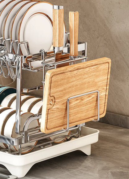 Dish Drying Rack - 2 Tier Stainless Steel Over Sink Shelf with Utensil Holder