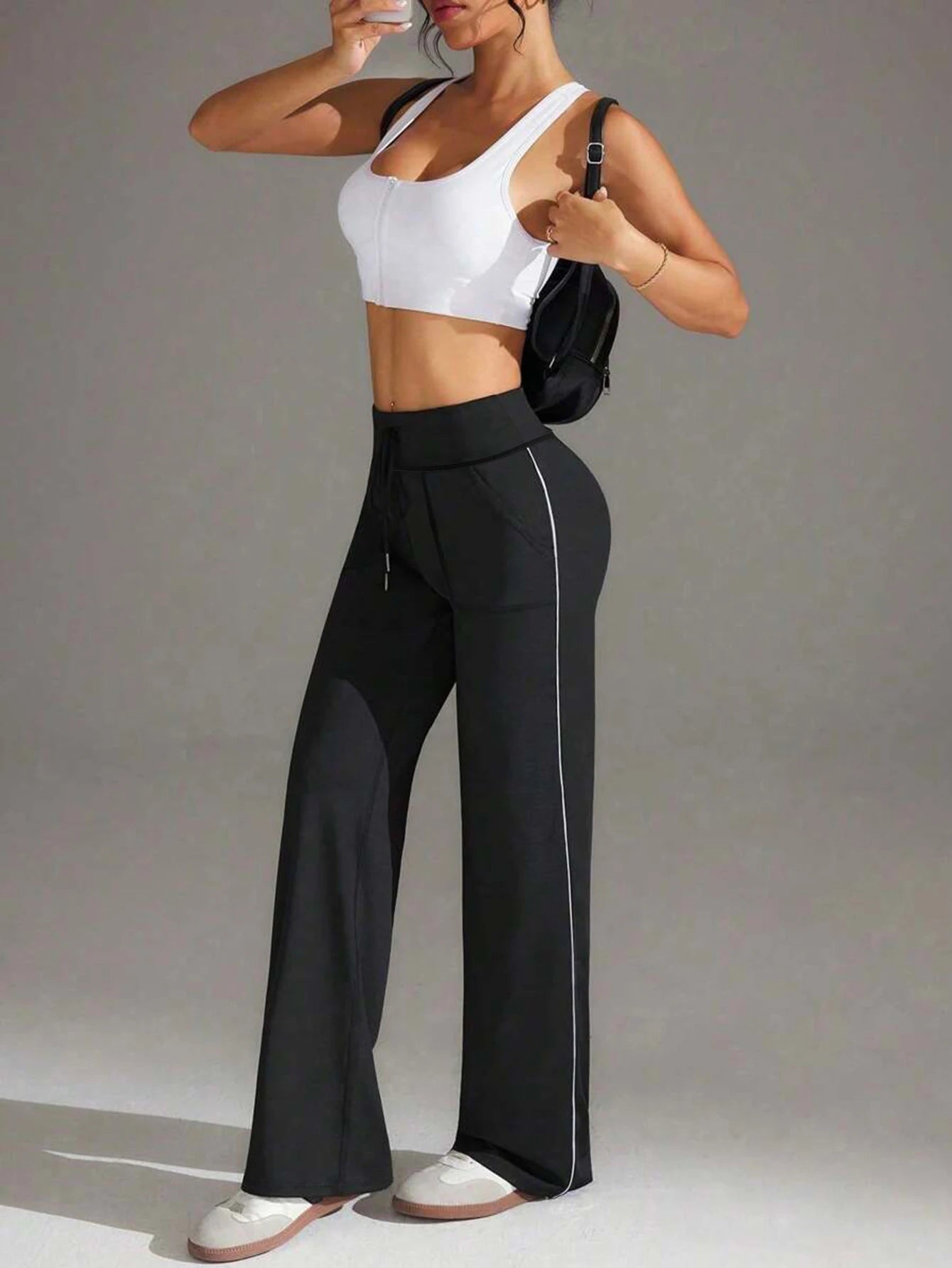 High Waist Straight Leg Casual Wide Leg Pants Side Stripe Sports Loose Slimming Yoga Trousers European Style