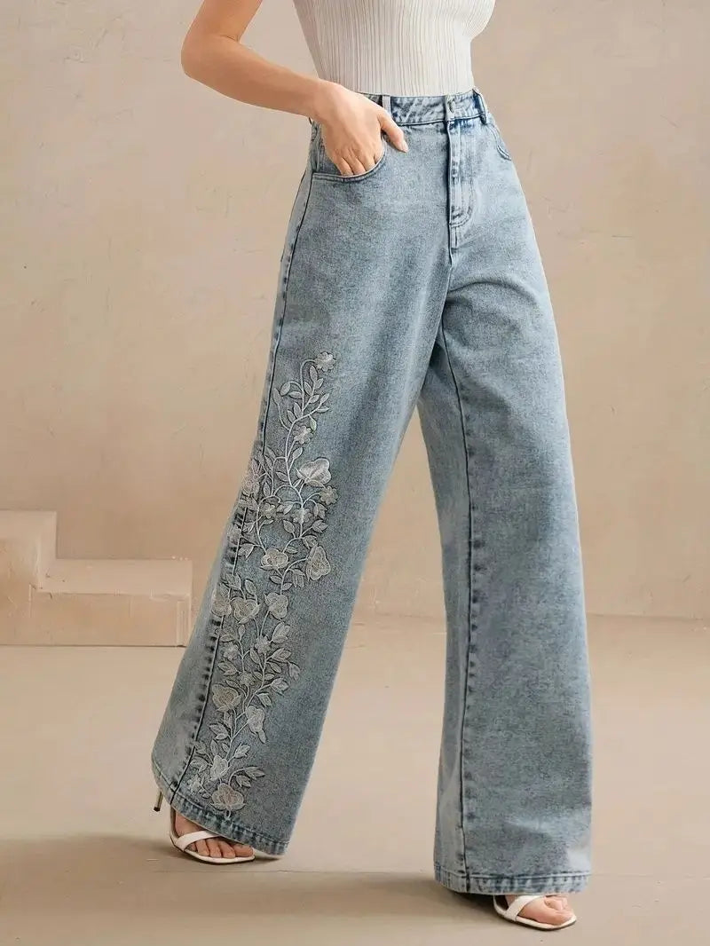 Y2k Pants New 2025 Trend Jeans for Woman Plus Size Comfort Stretch Washed Denim Embroidery Design Fashion Straight Leg