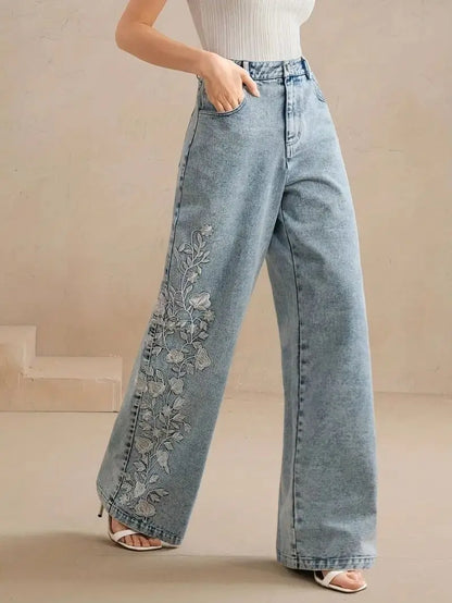 Y2k Pants New 2025 Trend Jeans for Woman Plus Size Comfort Stretch Washed Denim Embroidery Design Fashion Straight Leg