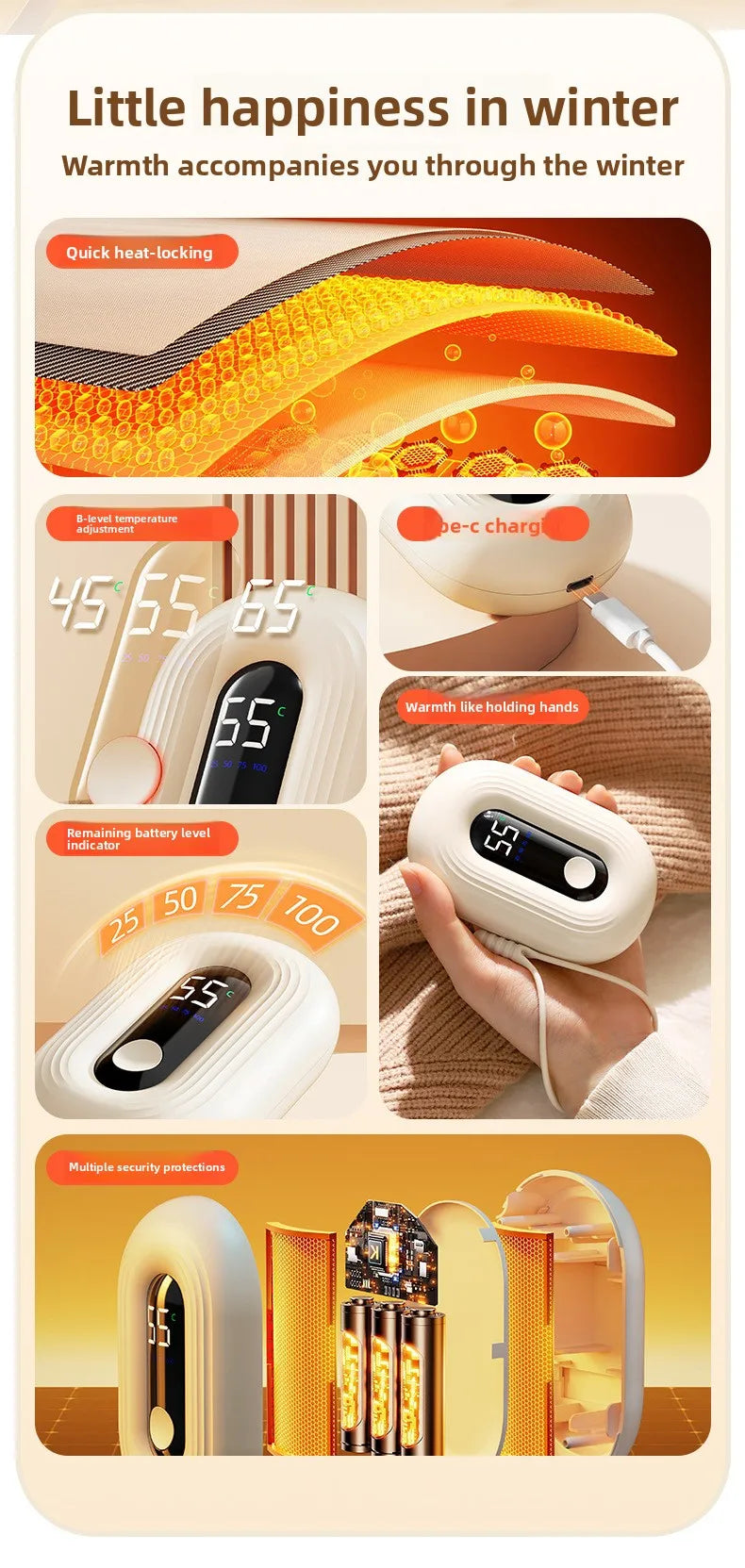 Mini Hand Warmer With Digital Display USB Charging Self-Heating Hand Warmer Gift Box Portable Warmth For Hands