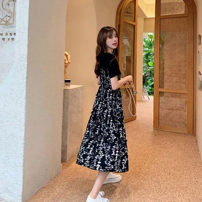 Women's T-shirt Fake two Pcs Korean style Summer Dress Mid-Length Floral Printed Boho Casual Daily Chiffon floral black Dress
