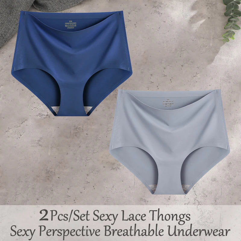 FINETOO 2Pcs/Set Summer Traceless Ice Silk Panties For Women Solid Color High Waist Underpants Female Breathable Sexy Lingerie