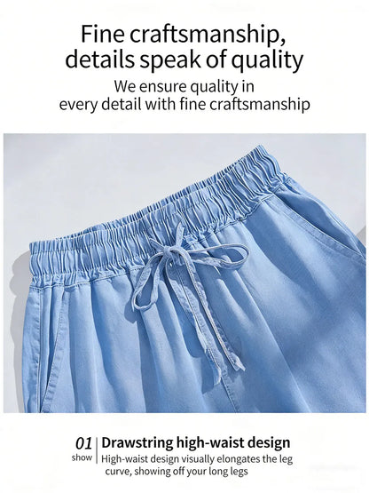 Plus Size Ice Silk Denim Pants Yoga Sports Thin Loose Style Women's Summer Casual Wide Leg Pants Harajuku Style Loose Waist