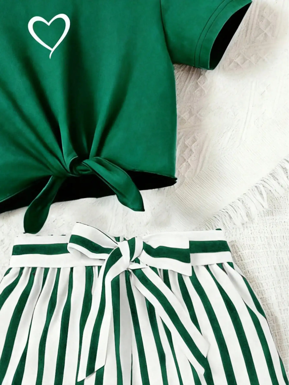 Women's casual daily short sleeved love printed+striped printed shorts 2-piece set with random belt striped children's clothing