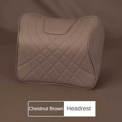 Car Headrest Pillow - Memory Foam Lumbar Support Cushion Set With Leather Cover