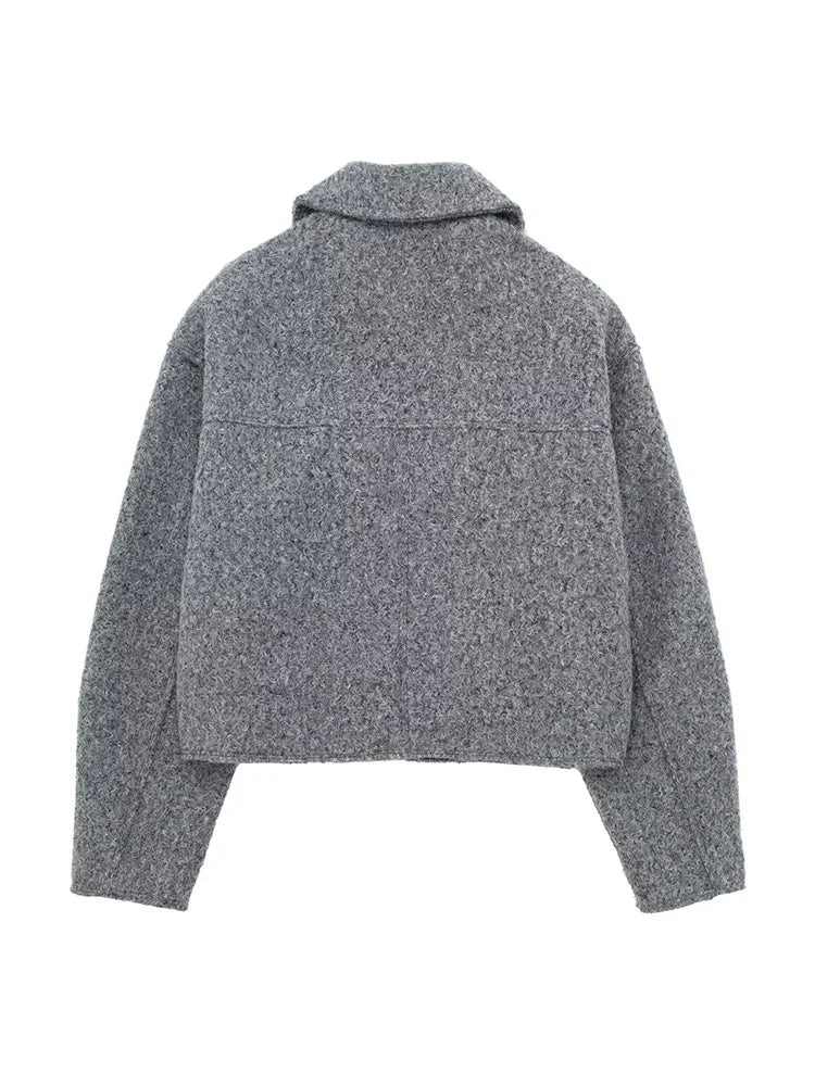 Women Zipper Jacket - Grey Vintage Lapel With Pockets | Casual Long Sleeve Outerwear
