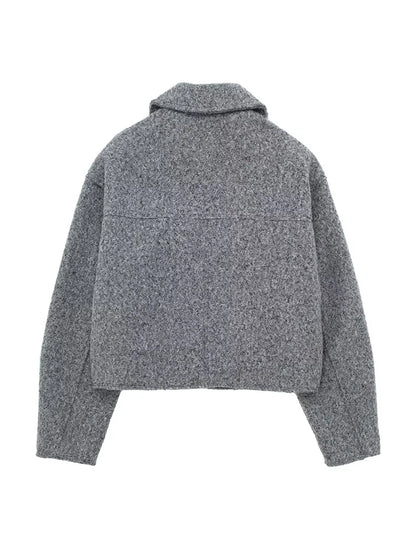 Women Zipper Jacket - Grey Vintage Lapel With Pockets | Casual Long Sleeve Outerwear