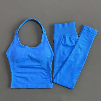 2 Piece Women Gym Set Seamless Halter Sports Top High Waist Leggings Tummy Control Squat Proof Yoga Fitness Activewear