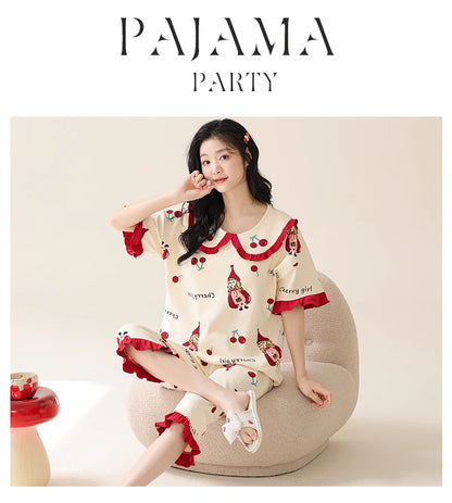 Summer Capris Pajamas for Women Plus Size 5XL Woman Causal Pajama Sets Cartoon Lapel Pijamas Cute Girl Soft Cotton Sleepwear