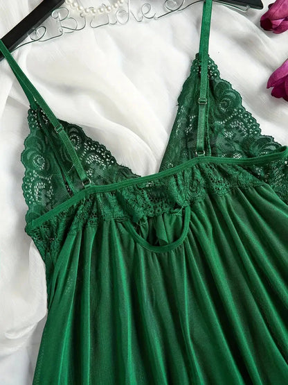 Summer Soft Sheer Nighty Pajamas Nightgowns Dark Green Halter Dress Women Sleepwear Sexy Nightdress Thong Sets