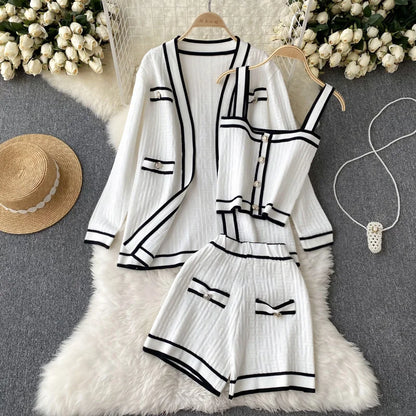 SINGREINY Autumn Knitwear 3PC Sets Long Sleeves Cardigan+Single Breasted Spaghetti Strap+High Waist Elastic Shorts Casual Suits