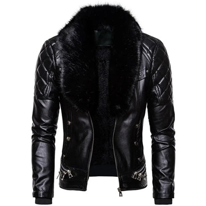 New Winter Fleece Motorcycle Leather Jacket Men Turn Down Fur Collar Slim Fit Warm PU Bomber Jackets Coats Mens Moto Biker Coat