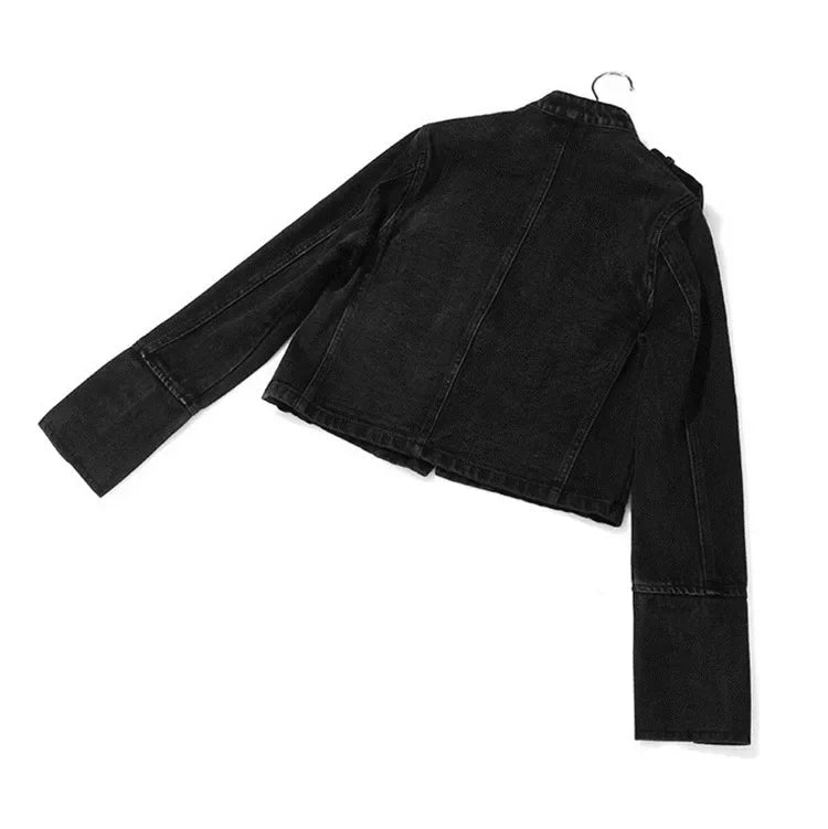 Streetwear Casual Loose Button Split Short Denim Jacket Women Fashion Spring Autumn 2026 Stand Collar Long Sleeve Jean Jacket