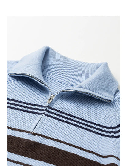 TOYOUTH Women Knitted Sweater 2026 Autumn New Fashionable Style Striped Zipper High Collar Woolen Pullover Sweater Tops