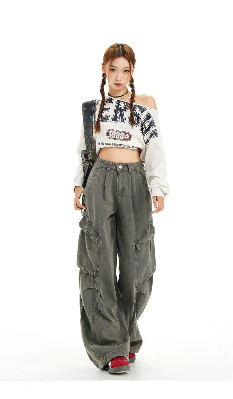 Retro Casual High Waisted Baggy Cargo Jeans Women Washed Distressed Wide Leg Pants Brown Denim Y2K Streetwear Vintage Trousers