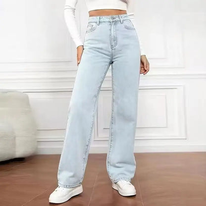 Black gray denim wide leg pants for women in autumn high waisted loose fit slimming and hanging straight leg pants