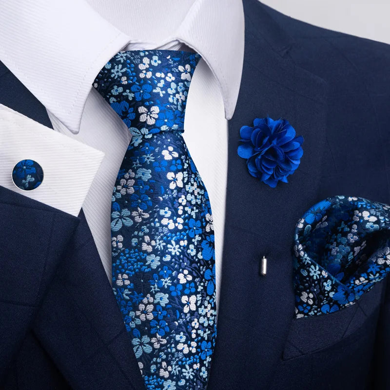 Luxury Mens Floral Black Gold Tie Set - Paisley Necktie Pocket Square Cufflinks  Brooch for Weddings and Parties