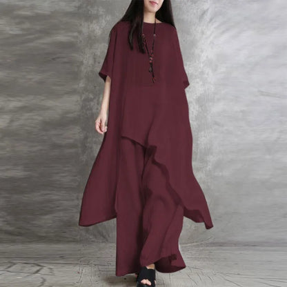 Women's Cotton Linen 2-piece Sets Large Size Casual Wear Sportswear Suit Short-Sleeved O-Neck Top Wide Leg Pants Suits For Women