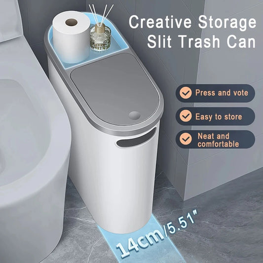 Slim Trash Bin with Lid - Space Saving Design for Bathroom Kitchen Living Room