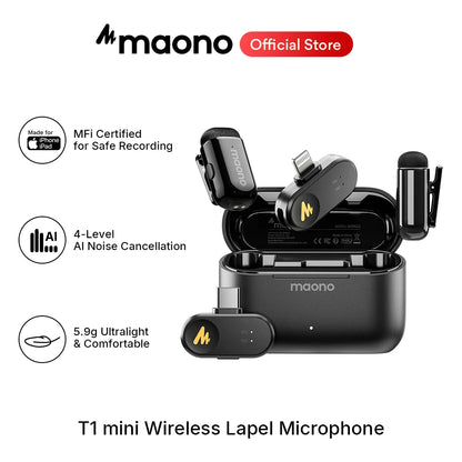 MAONO T1 Mini Wireless Lavalier Microphone for Phone AI Noise Cancelling Auto Clipping App Control Mic for Audio Video Recording