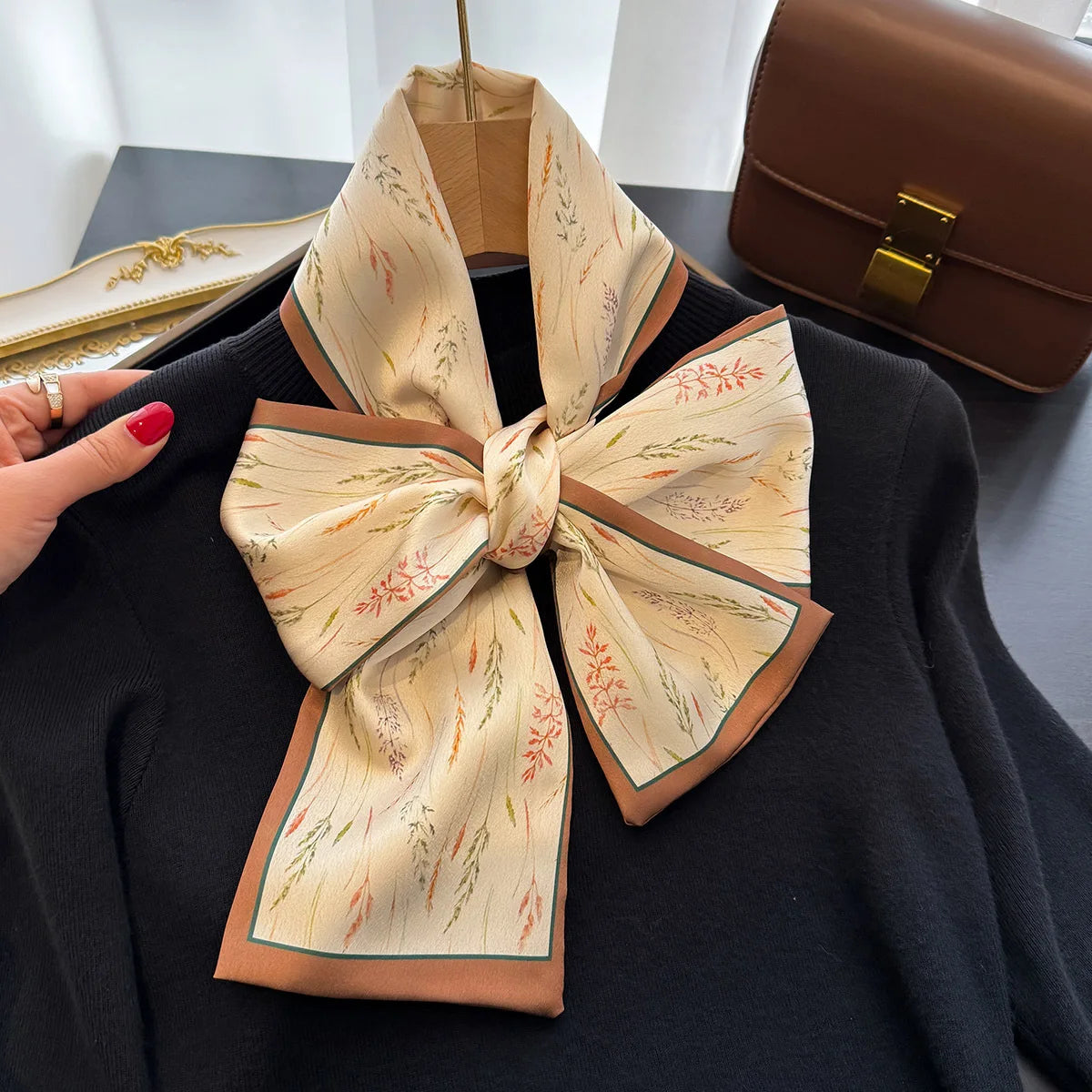 Floral Silk Scarf - Long Ribbon Neck Tie  Headband for Women