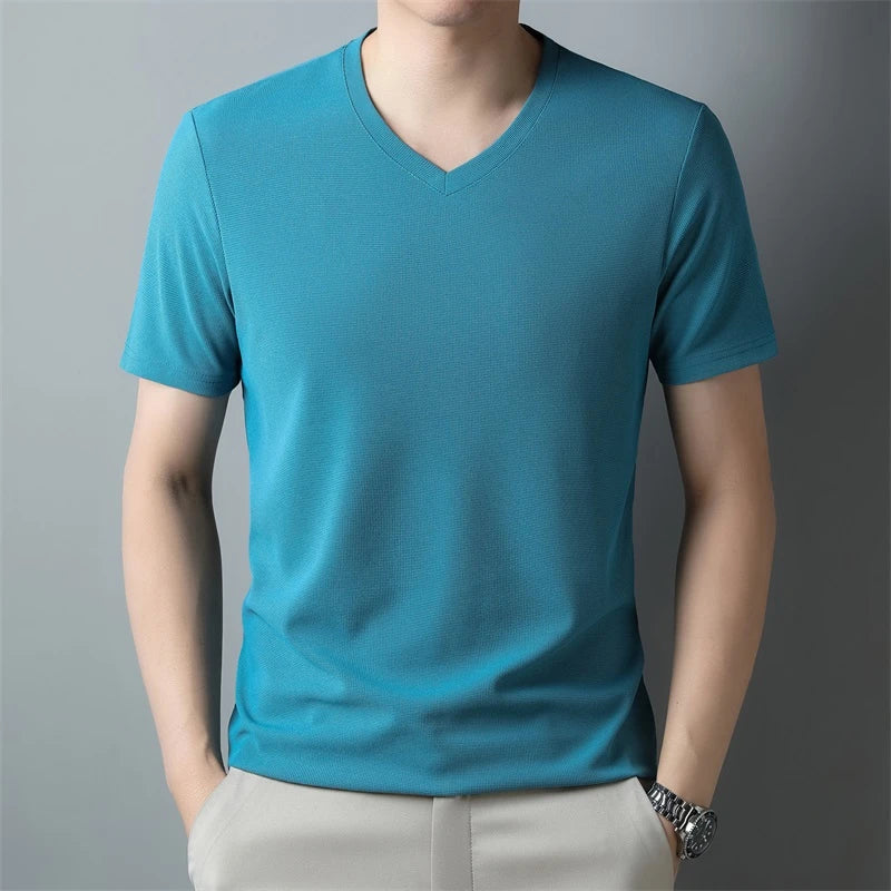 Men's V Neck T-Shirt – Lightweight Summer Shirt With Breathable Waffle Texture