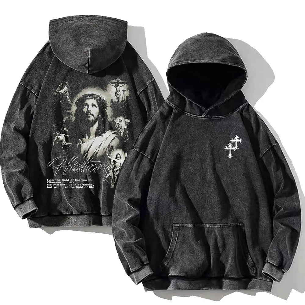 Vintage PSALM 91:11 Print Cotton Washed Hoodie Casual Hip Hop Men Women High Street Retro Hooded Sweatshirt Winter Pullover