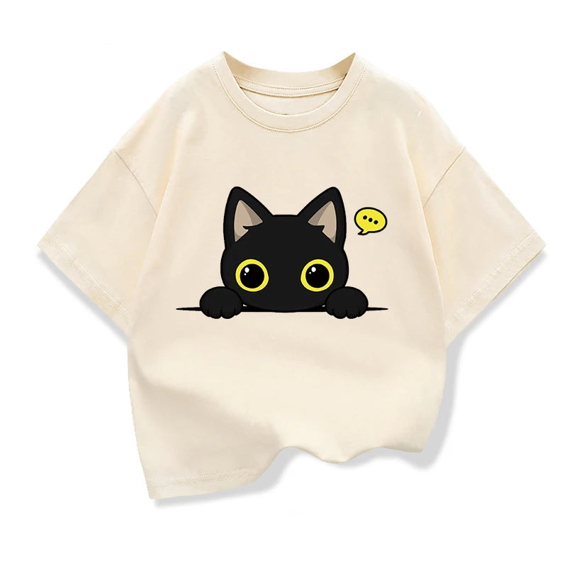 Original Design Summer Kids Clothing Short Sleeve tee t shirt Cute Black Cat Graphic Tee Tops Boys girls t shirts Pure Cotton