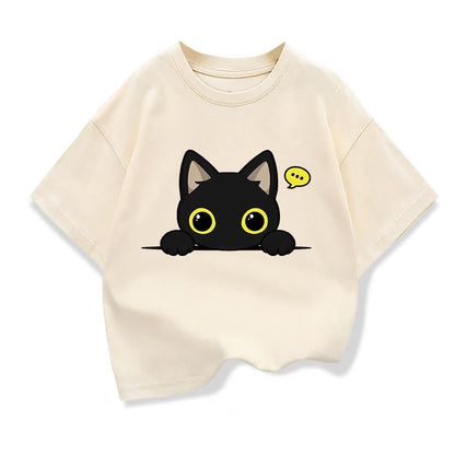 Original Design Summer Kids Clothing Short Sleeve tee t shirt Cute Black Cat Graphic Tee Tops Boys girls t shirts Pure Cotton