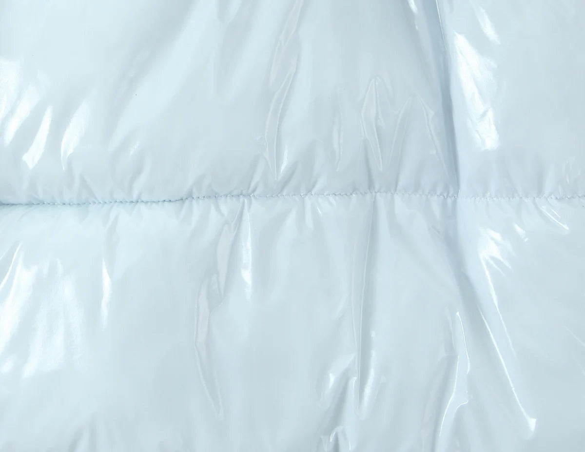 New Winter Fashion Women Bright Light Blue Zipper Up Bread Parka Coat Woman Stand Collar Removable Hooded Long Sleeve Outerwear