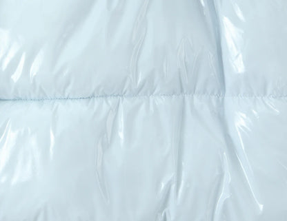 New Winter Fashion Women Bright Light Blue Zipper Up Bread Parka Coat Woman Stand Collar Removable Hooded Long Sleeve Outerwear