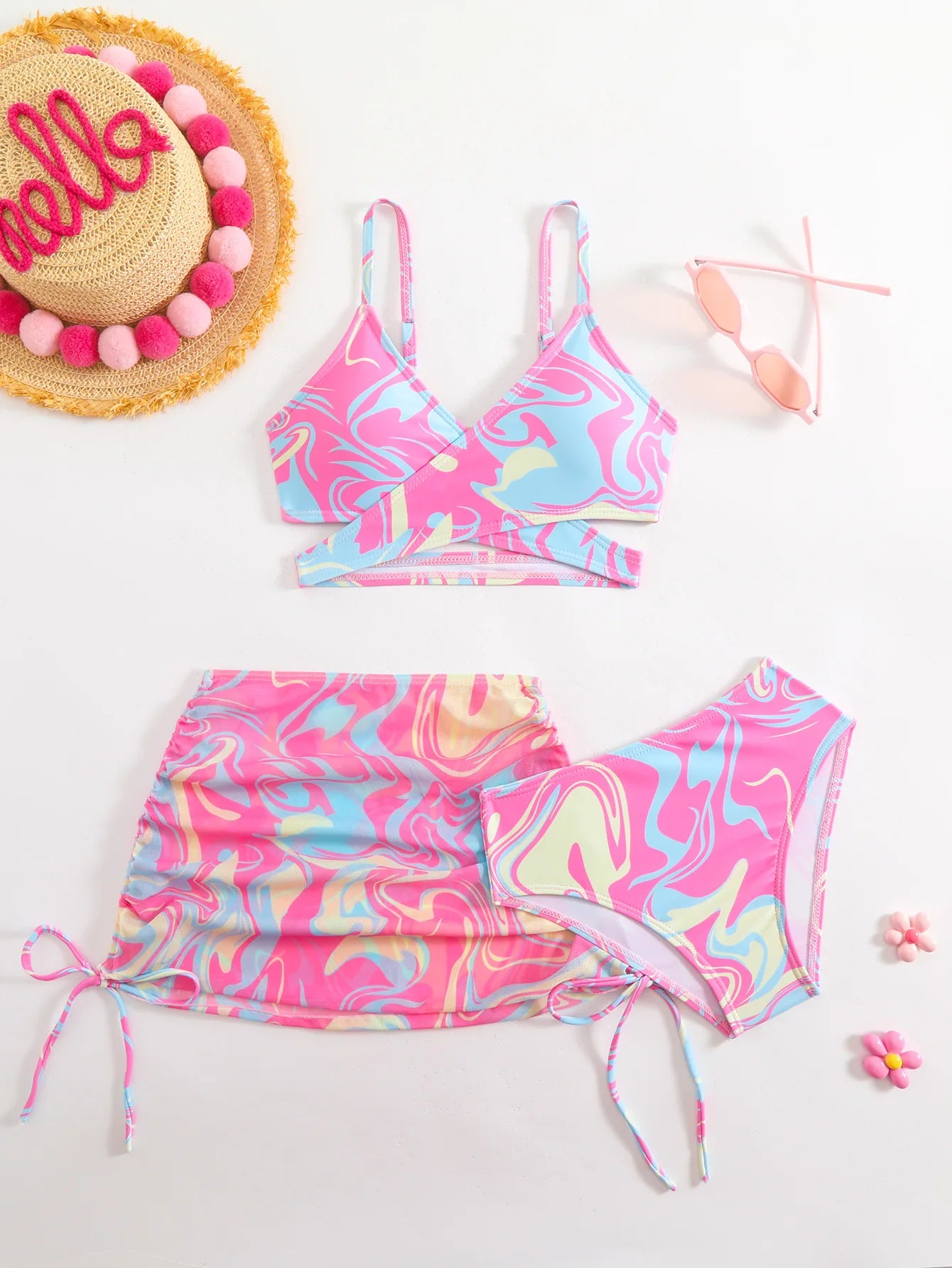 3pcs Swimming Suit for Girls Summer Beach Dress Swimsuit Tie-dye Printed Skirted Bikini Set Kids Bathing Suit