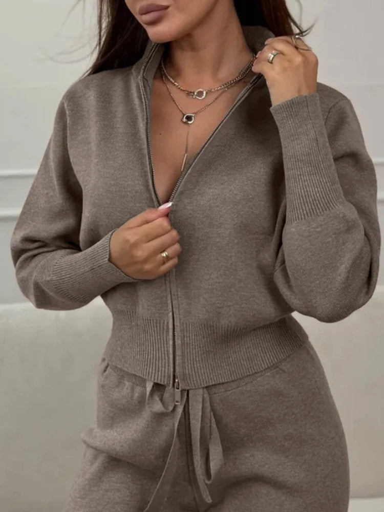 2025 New Trendy Autumn Winter Zip Up Knit Pants Set Women's Trendy Slim Fit Cardigan Pants Chic Commuting Sweater Outfit