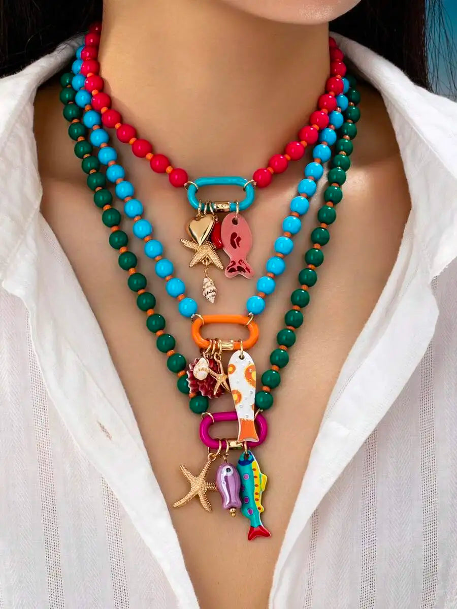 1pc Summer Beach Multi-Layer Resin Beaded Necklace, Colorful Fish & Starfish Charms, Boho Jewelry for Vacation & Beach Party