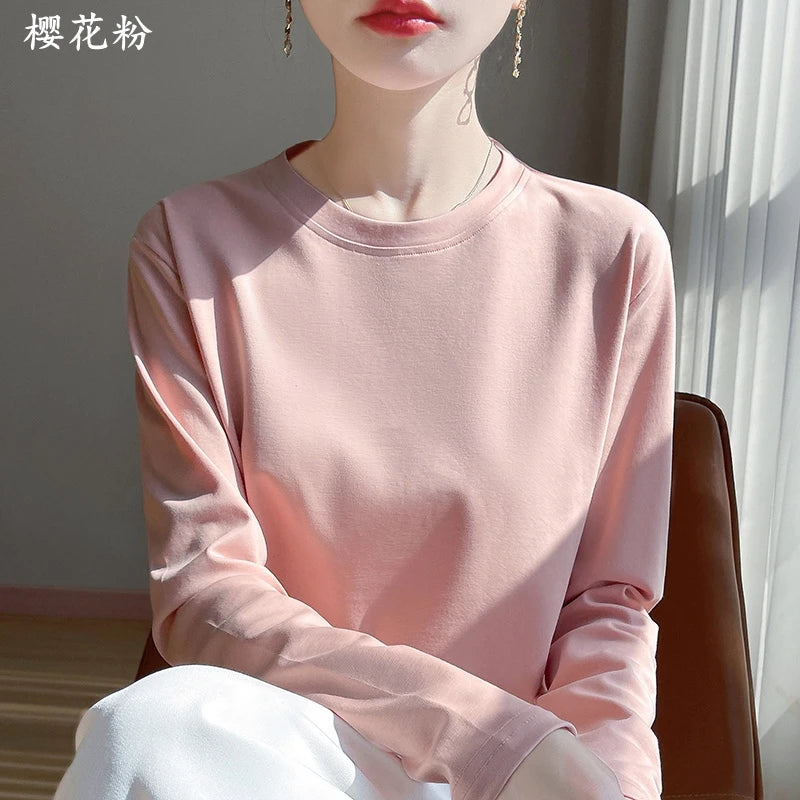 100 Cotton Womens Long-Sleeved Round Neck T-Shirt - Loose Bottoming Top for Spring  Autumn