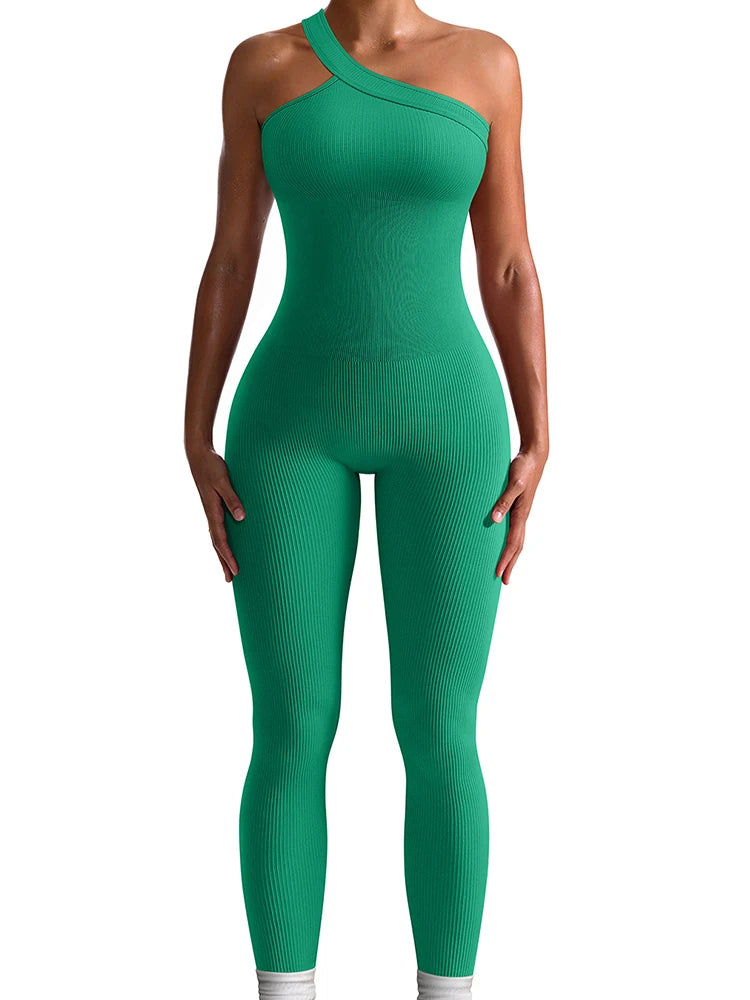 Women Yoga Jumpsuit – Ribbed One Shoulder Sleeveless Fitness One Piece, Breathable Activewear