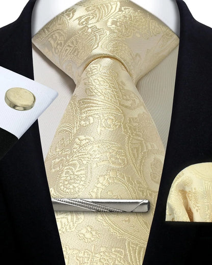 Mens Silk Tie Set - Silver Paisley Necktie with Pocket Square  Cufflinks for Formal Events