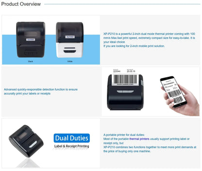 Portable Thermal Receipt Printer Mini Impresora Portatil 2Inch Portable Shipping Label Printer with Dual Duties Xprinter XP-P210