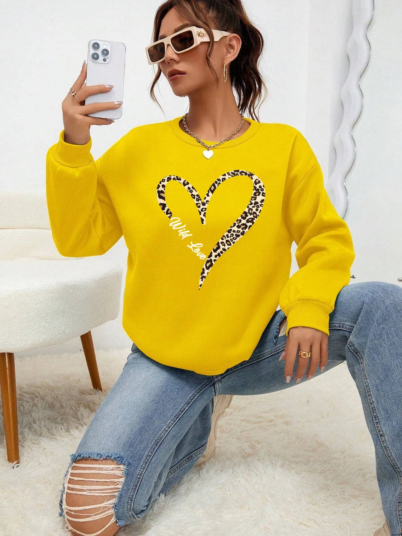 Leopard Wild Heart Pattern Print Female Sweatshirt Street Fur-Liner Pullovers Hipster Clothing All-Match Crewneck  Tracksuit