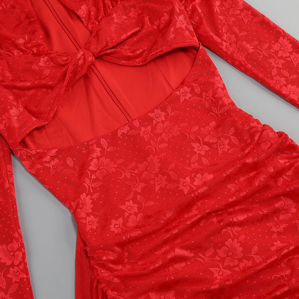 Sexy Bodycon Mini Dress - Red White Draped Women's Party Dress With Full Sleeve