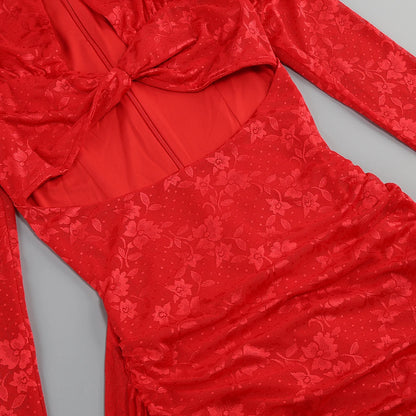 Sexy Bodycon Mini Dress - Red White Draped Women's Party Dress With Full Sleeve