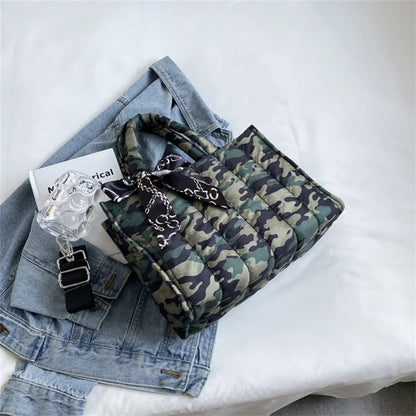 Women's Tote Bag - Quilted Crossbody Padded Shoulder Tote with Silk Scarf Accent
