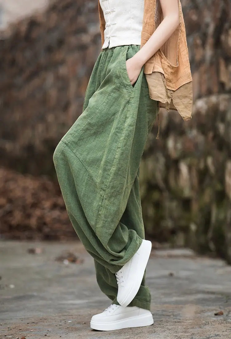 Elegant Women's Cotton Linen Baggy Cargo y2k Pants Vintage Elastic Waist Trousers Loose Casual Long Wide Leg Oversize Clothes