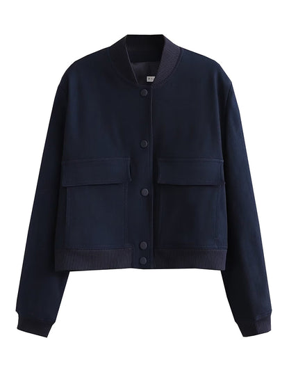 Women Bomber Jacket - Solid V Neck Single Breasted Polyester Coat With Pockets