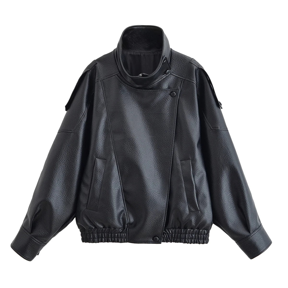 Women Autumn Jackets – Black Zipper Jacket With Asymmetric Button & Turtleneck Collar