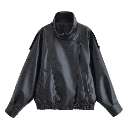 Women Autumn Jackets – Black Zipper Jacket With Asymmetric Button & Turtleneck Collar