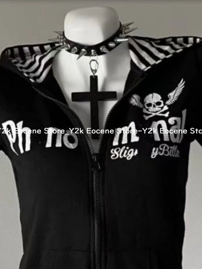Y2K Subculture Skull Print Zip Cardigan Short Sleeve Women Japan Slim Fit Striped Hoodie Casual Tops Fashion Streetwear Clothes