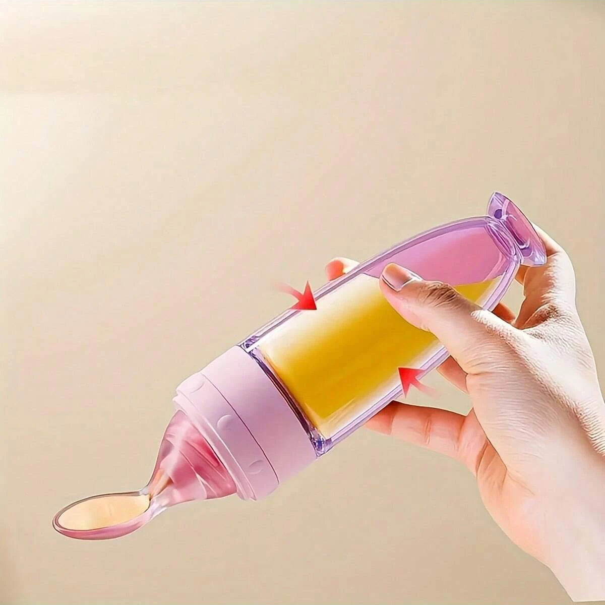 New 90ml/3OZ Colorful Silicone Baby Bottle Feeder with Soft Spoon, Suction Cup and Dust Cap, Portable Squeeze Feeding Bottle