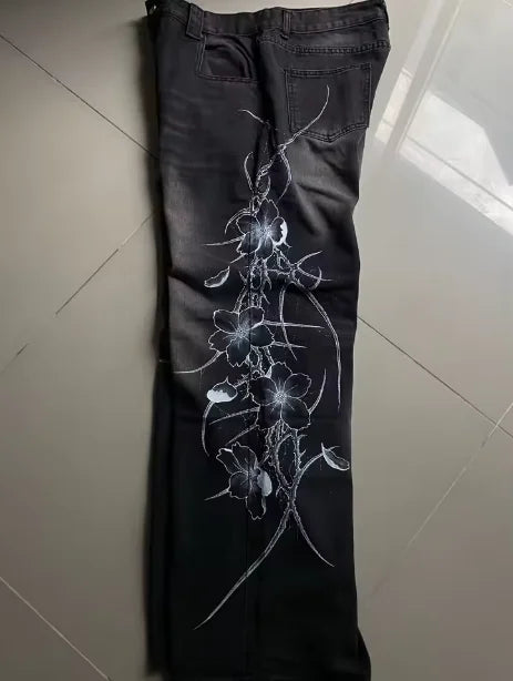 Y2K Gothic Men's Black Distressed Jeans White Thorn Floral Print Wide Leg Baggy Denim Pants Streetwear Casual Trousers